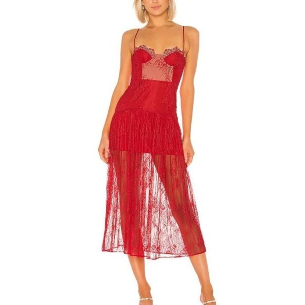 NBD Womens Balletcore Coquette Romantic Lace Midi Dress M Red Sweetheart Bustier